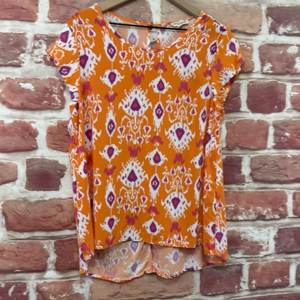 Christian Siriano Top Womens XL Orange Multicolor Boho Abstract Ikat Shirt - Picture 2 of 8